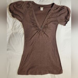 Vintage Women's Daytrip - XL fits more medium- Brown Sequin Puff Sleeve Tshirt